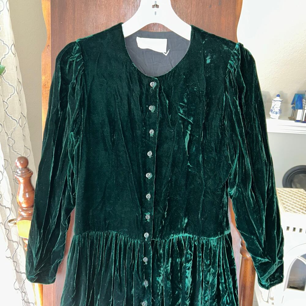 Vintage Eileen West Velvet Long Sleeve Dress Green Sz 6 button up holiday - Picture 2 of 12